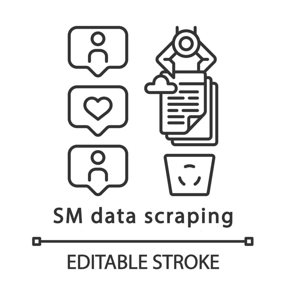 SM data scraping linear icon. RPA. Cloud storage cleaning. Robotic process automation. Thin line illustration. Contour symbol. Vector isolated outline drawing. Editable stroke