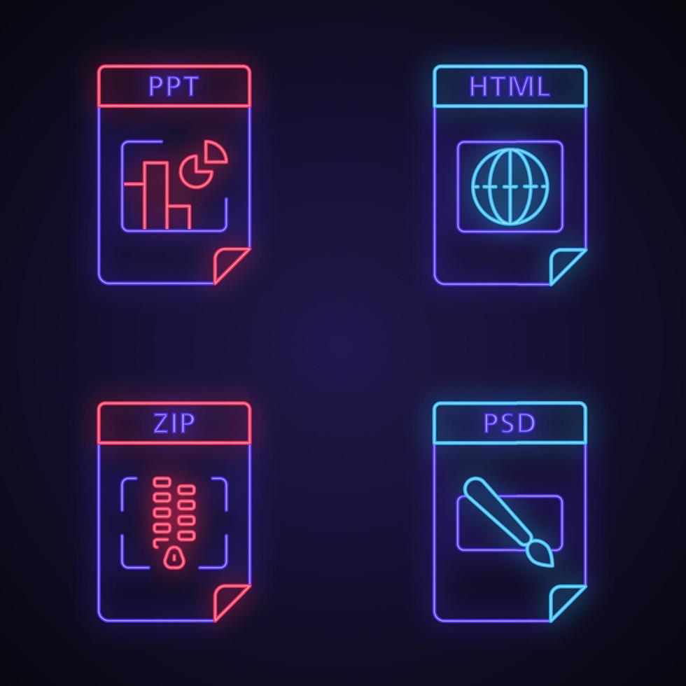 Files format neon light icons set. Presentation, webpage, archive, image files. PPT, HTML, ZIP, PSD. Glowing signs. Vector isolated illustrations