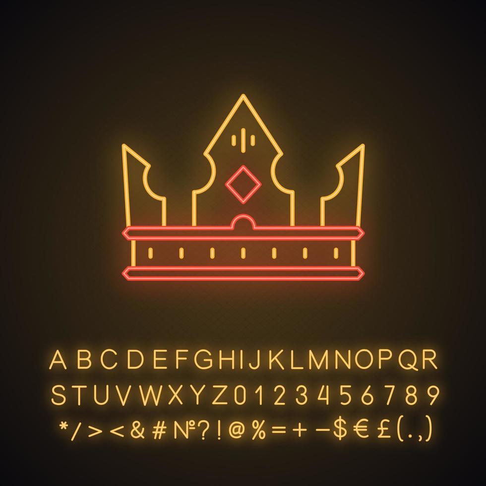 King crown neon light icon. Power symbol. Headwear for monarch, princess, queen. Lord treasure. Royal emblem. Glowing sign with alphabet, numbers and symbols. Vector isolated illustration