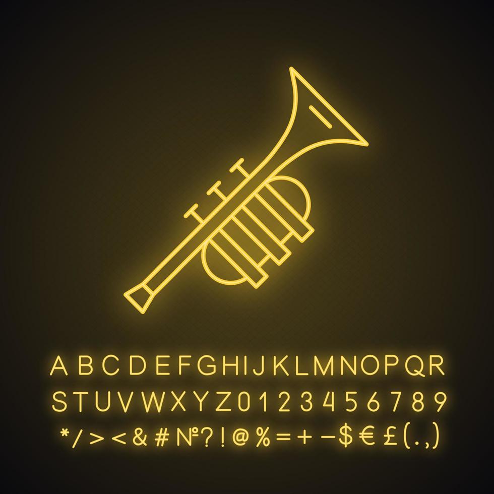 Trumpet neon light icon. Brass musical instrument. Bugle. Horn. Glowing sign with alphabet, numbers and symbols. Vector isolated illustration