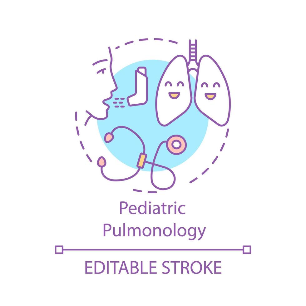 Pediatric pulmonology concept icon. Respiratory system disease. Kids lungs. Pulmonologist device. Respiratory medicine idea thin line illustration. Vector isolated outline drawing. Editable stroke