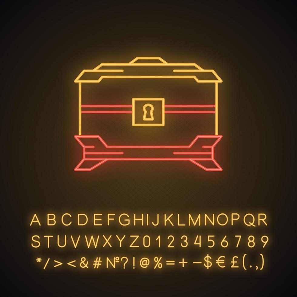 Wooden treasure chest neon light icon. Pirates closed chest. Wooden dowry box. Glowing sign with alphabet, numbers and symbols. Vector isolated illustration