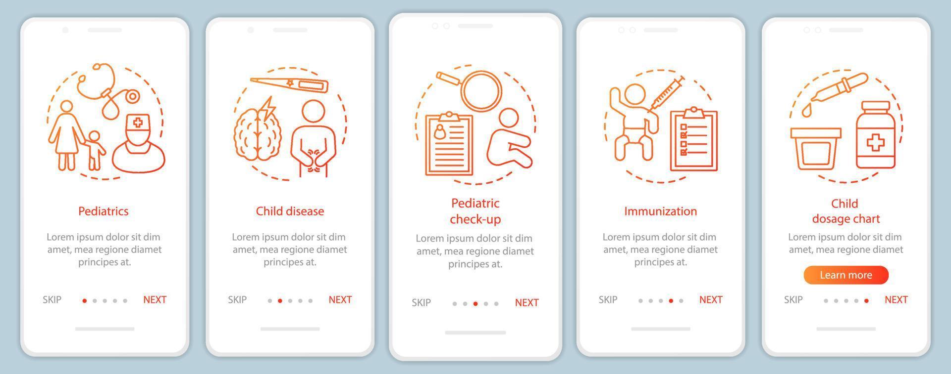 Pediatrics onboarding mobile app page screen with linear concepts. Child disease, immunization, dosage chart, check-up walkthrough steps graphic instructions. UX, UI, GUI vector template with icons