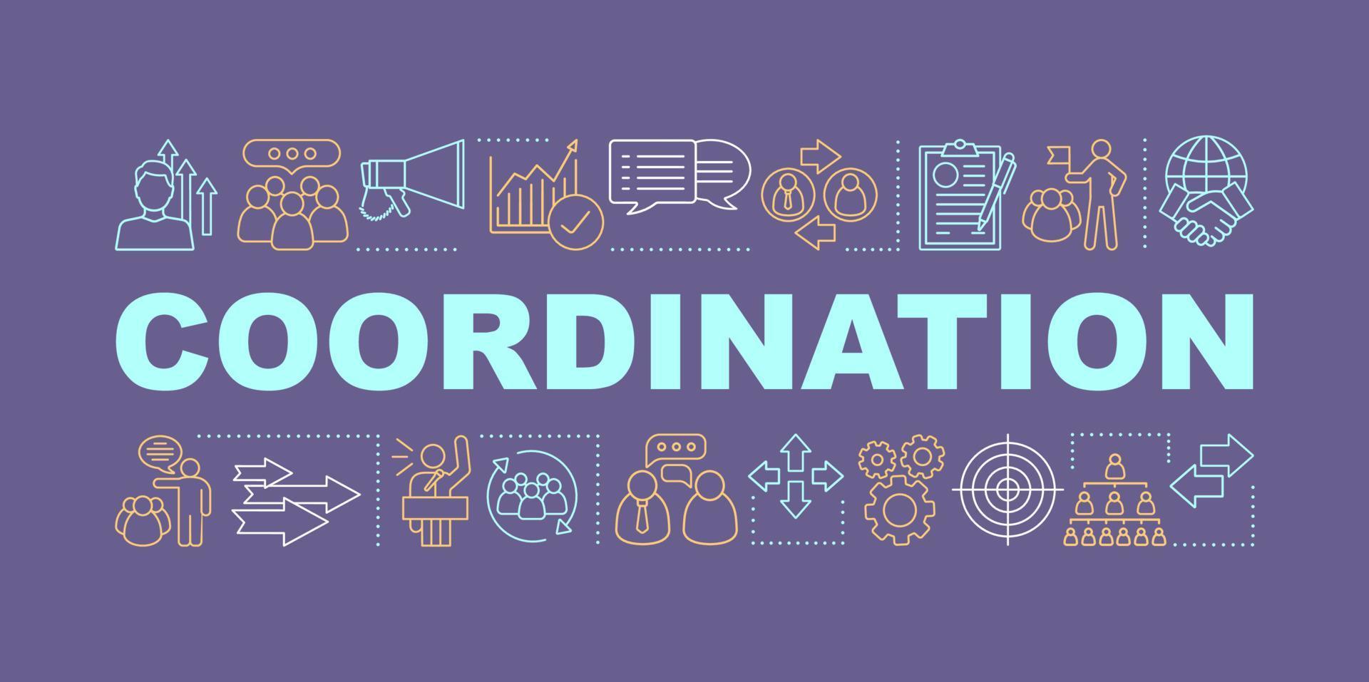 Coordination word concepts banner. Personal success. Skill improvement. Leadership. Isolated typography idea with linear icons. HR soft skills and professional qualities. Vector outline illustration