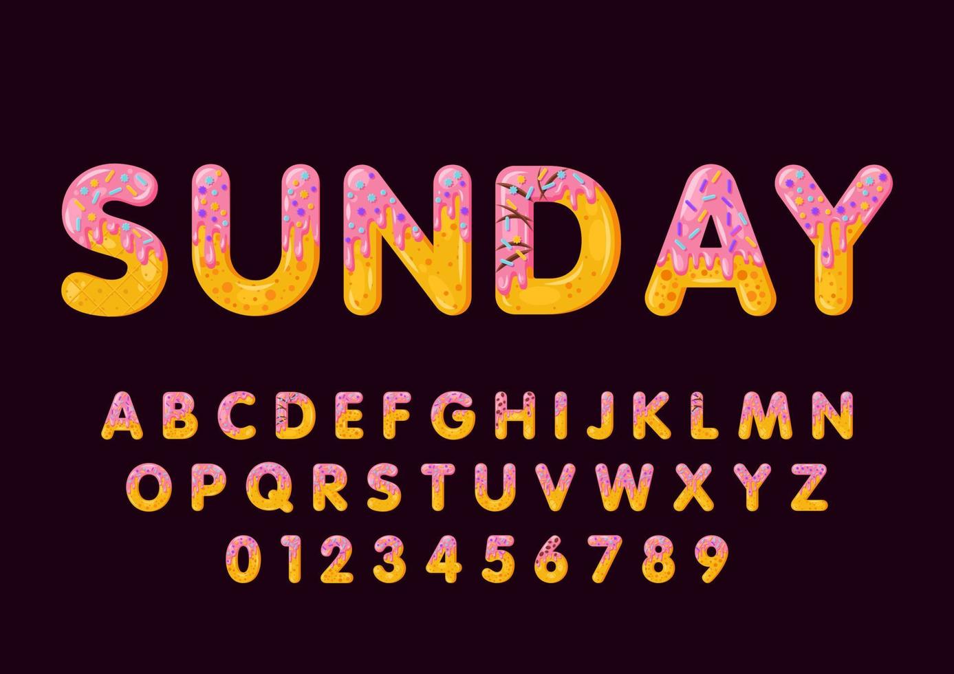 Donut cartoon sunday biscuit bold font style. Glazed capital letters, alphabet, number. Tempting flat design typography. Cookies letters. Maroon background. Pastry, bakery isolated vector clipart