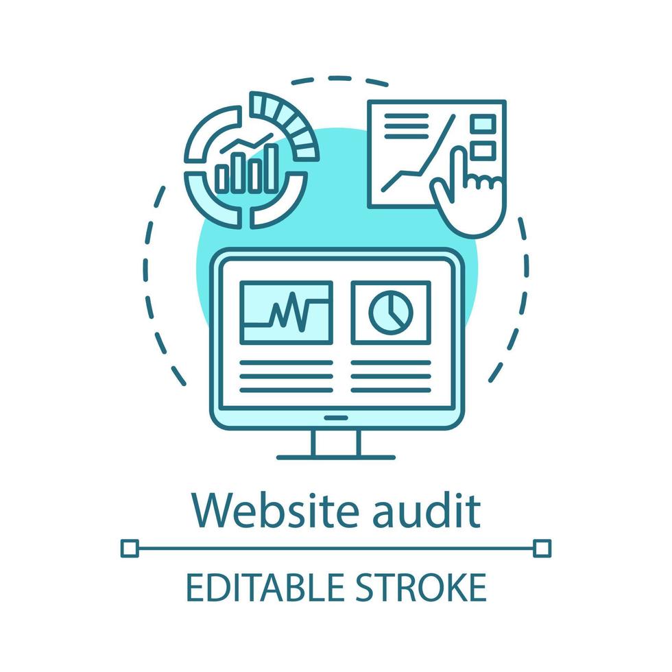 Website audit concept icon. SEO analytics idea thin line illustration. Digital marketing. Search optimization strategy. Content audit. Web statistics. Vector isolated outline drawing. Editable stroke