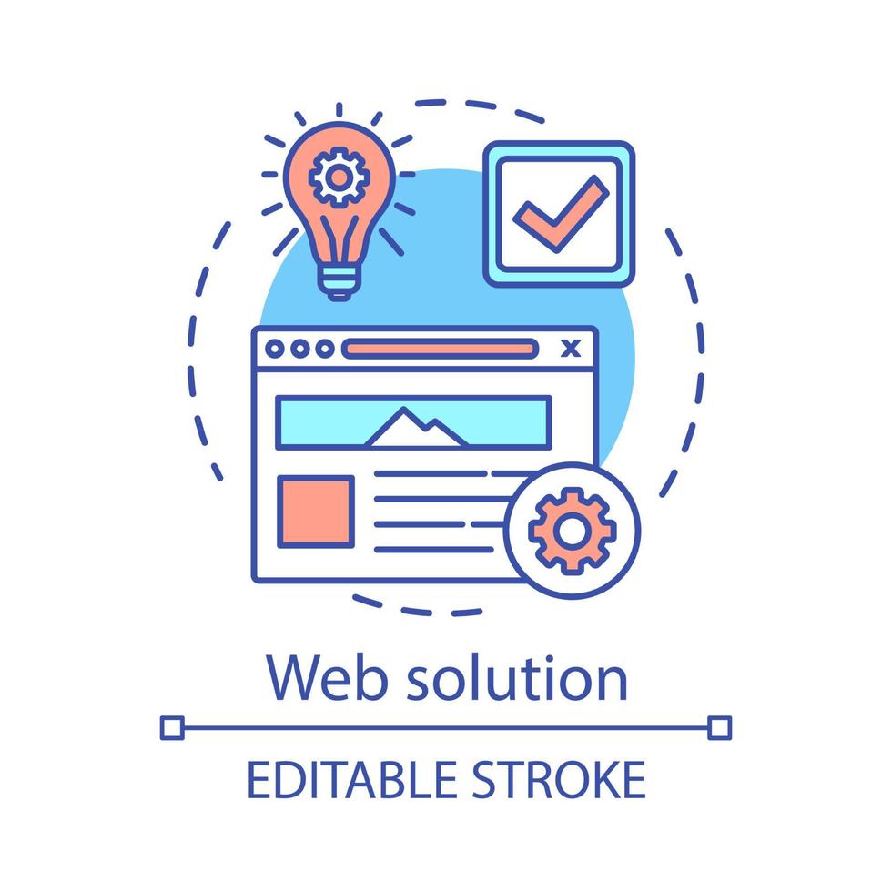 Web solution concept icon. Digital marketing strategy idea thin line illustration. Website development. Branding. Custom web design. SEO services. Vector isolated outline drawing. Editable stroke