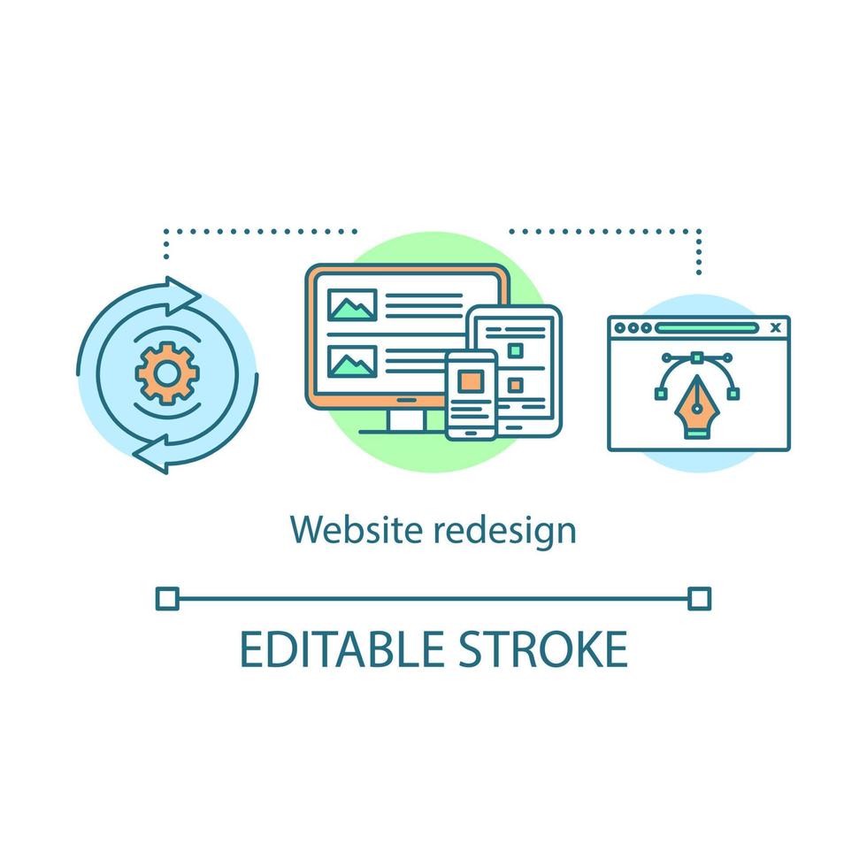 Website redesign concept icon. Website optimization, customization idea thin line illustration. User interface configuration. Responsive web design. Vector isolated outline drawing. Editable stroke