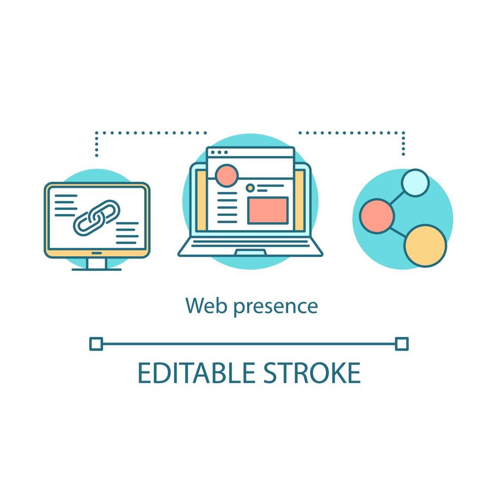 Web presence concept icon. Social media website idea thin line illustration. Link building. Blogging. Digital marketing. Networking. Content marketing. Vector isolated outline drawing. Editable stroke