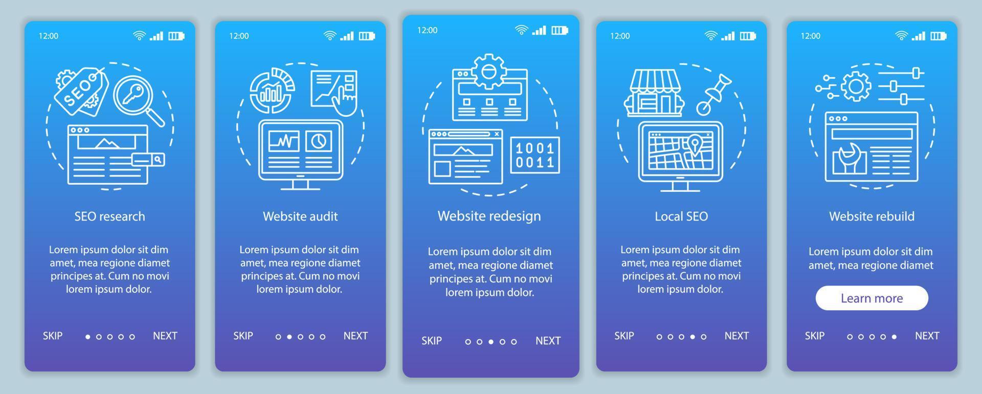 Web consulting onboarding mobile app page screen vector template. SEO research. Website redesign, audit. Walkthrough website steps with linear illustrations. UX, UI, GUI smartphone interface concept