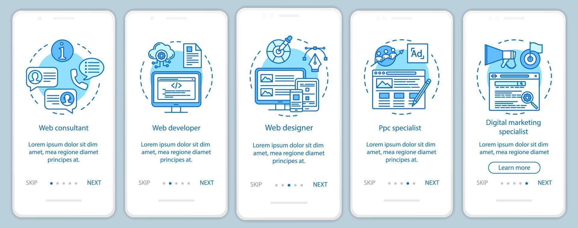 Web consulting onboarding mobile app page screen vector template. Website development. Digital marketing. Walkthrough website steps with linear illustrations. UX, UI, GUI smartphone interface concept