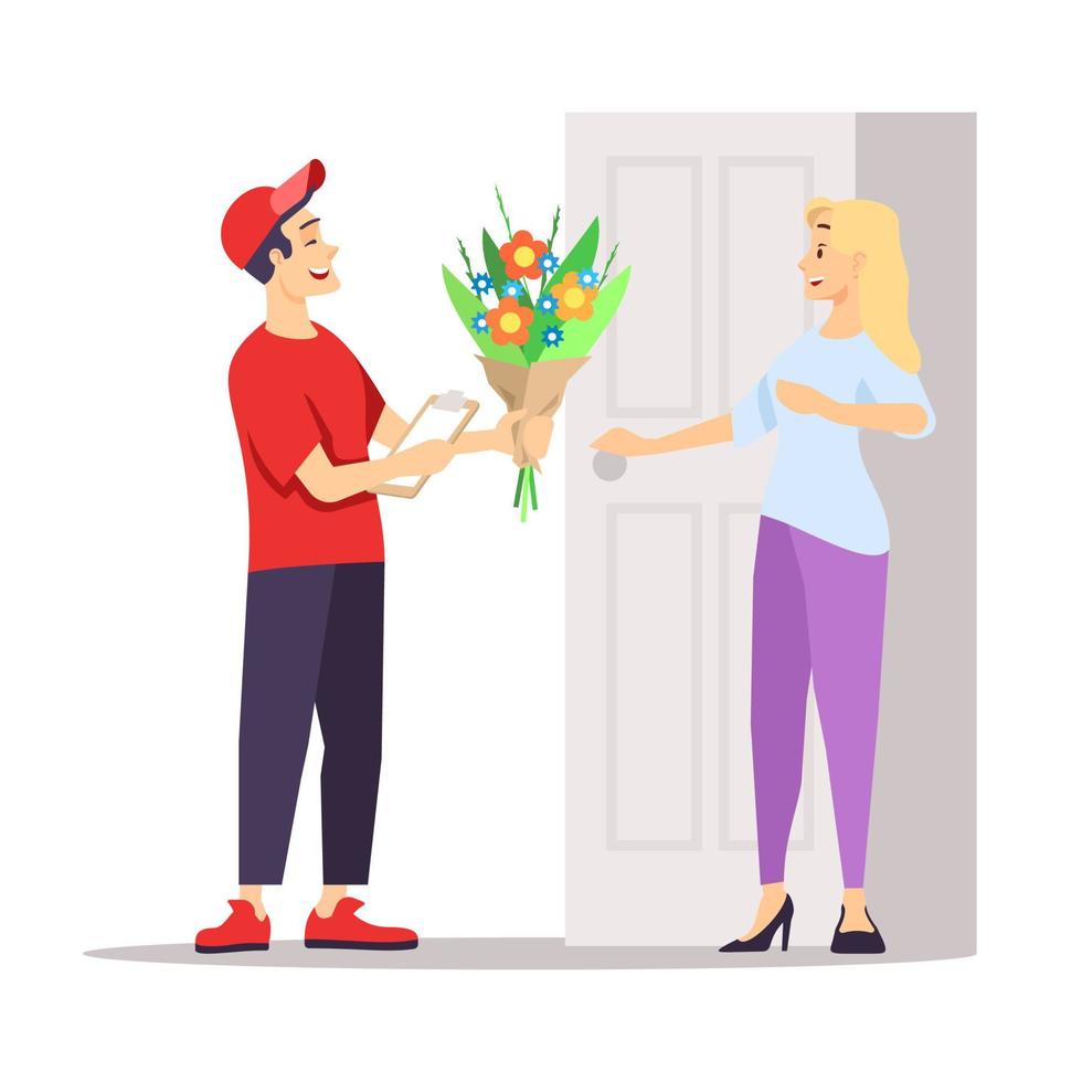 Flower shop delivery guy flat vector illustration. Cheerful courier delivering bouquet isolated cartoon character on white background. Surprised girl, lady, female addressee receiving fresh flowers