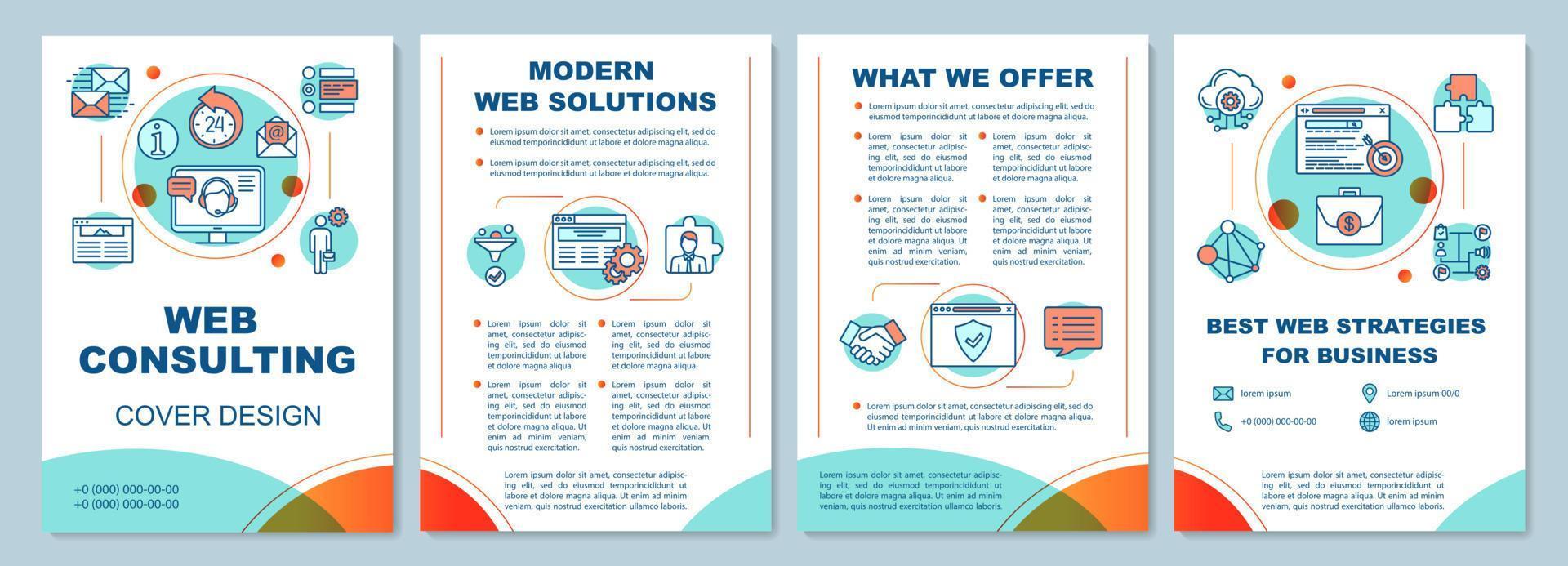 Web consulting brochure template layout. SEO. Digital marketing. Flyer, booklet, leaflet print design with linear illustrations. Vector page layouts for magazines, annual reports, advertising posters
