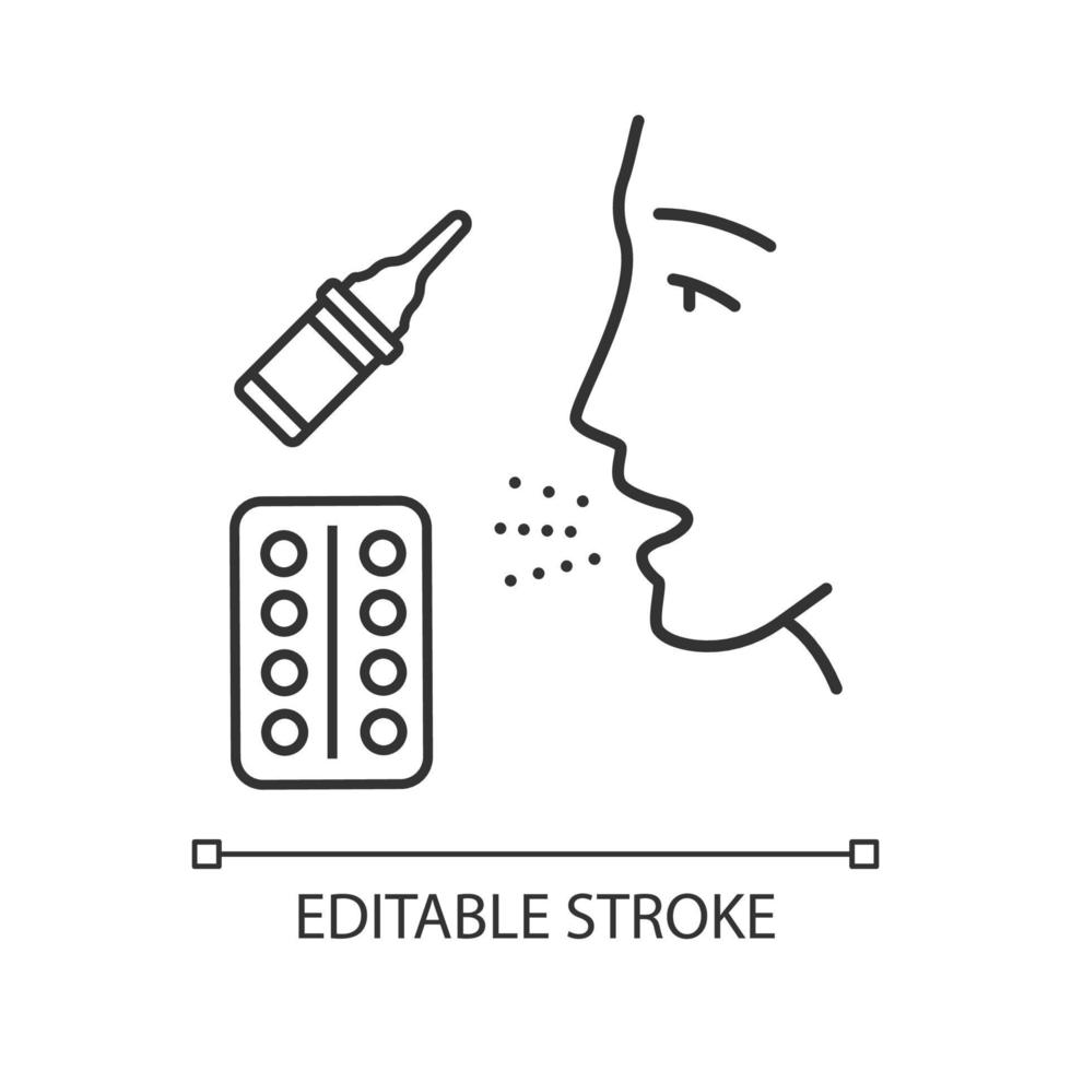 Allergy treatment linear icon. Use of antihistamine drugs. Treatment with pills and drops. Medical health care. Thin line illustration. Contour symbol. Vector isolated outline drawing. Editable stroke