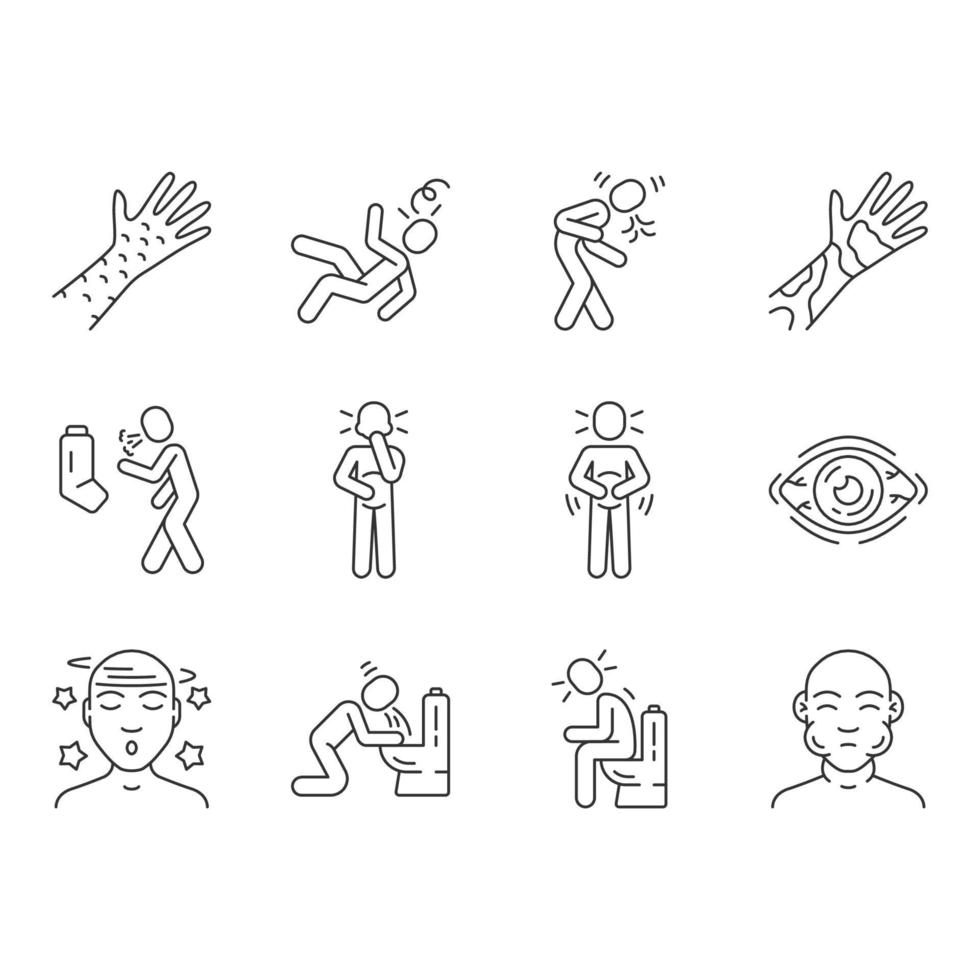 Allergy symptoms linear icons set. Food poisoning, flu, influenza. Viral infection. Allergic reaction thin line contour symbols. Isolated vector outline illustrations. Editable stroke