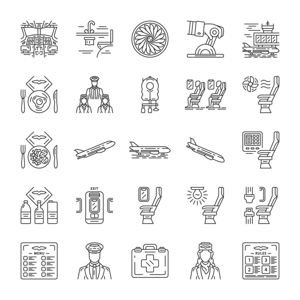 Aviation services linear icons set. Airplane comfortable seating. Passengers at plane salon. Jet safeness. Aircraft. Thin line contour symbols. Isolated vector outline illustrations. Editable stroke