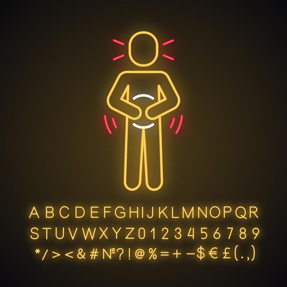 Abdominal pain neon light icon. Food poisoning, allergy symptom. Glowing sign with alphabet, numbers and symbols. Stomach ache, spasm. Gastritis, pancreatitis. Vector isolated illustration