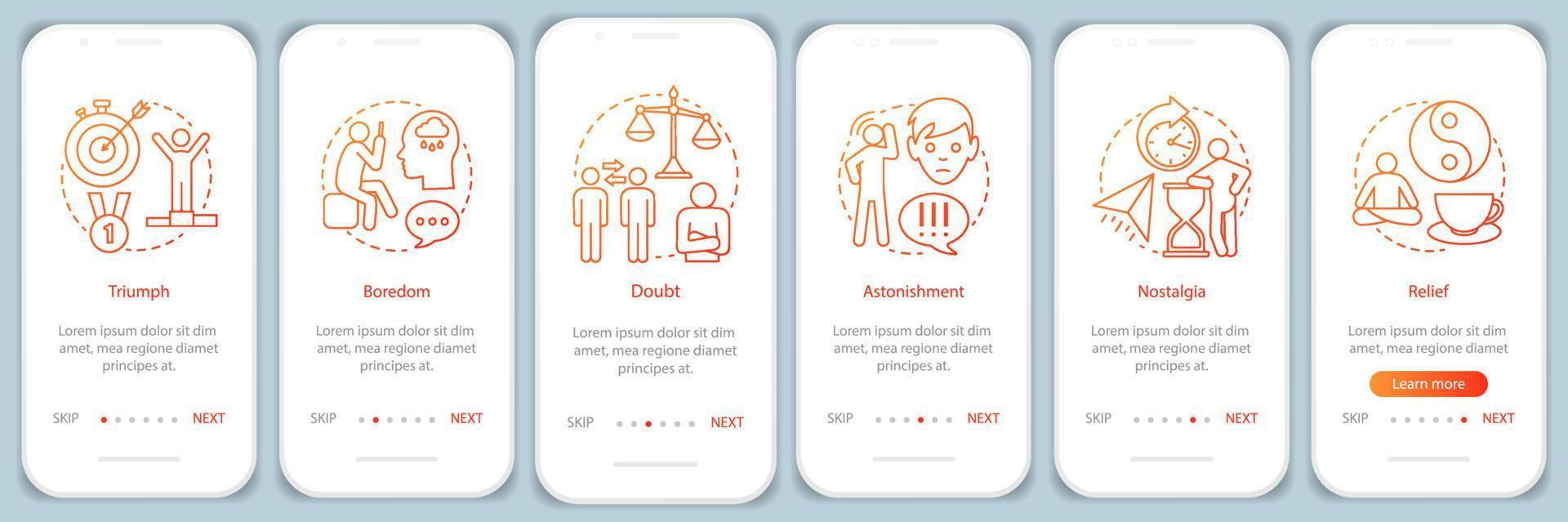 Human states onboarding mobile app page screen with linear concepts. Triumph, boredom, doubt, nostalgia, relief walkthrough steps graphic instructions. UX, UI, GUI vector template with illustrations