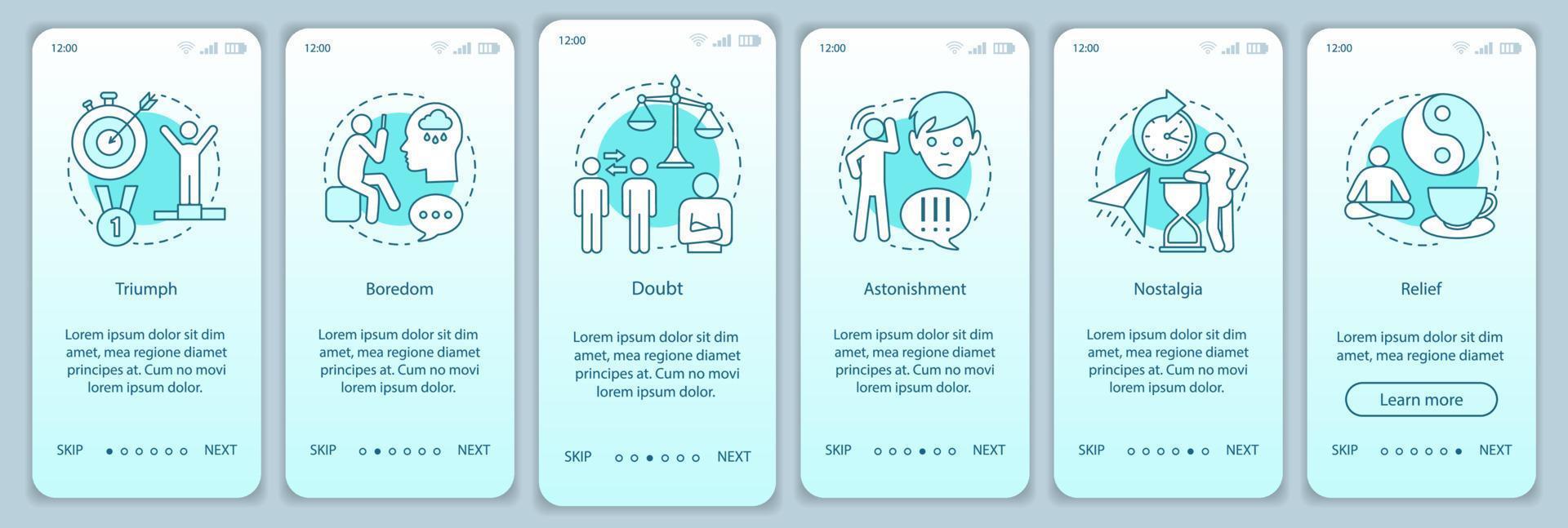 Human states onboarding mobile app page screen vector template. Triumph, boredom, doubt, nostalgia, relief. Walkthrough website step with linear illustrations. UX, UI, GUI smartphone interface concept