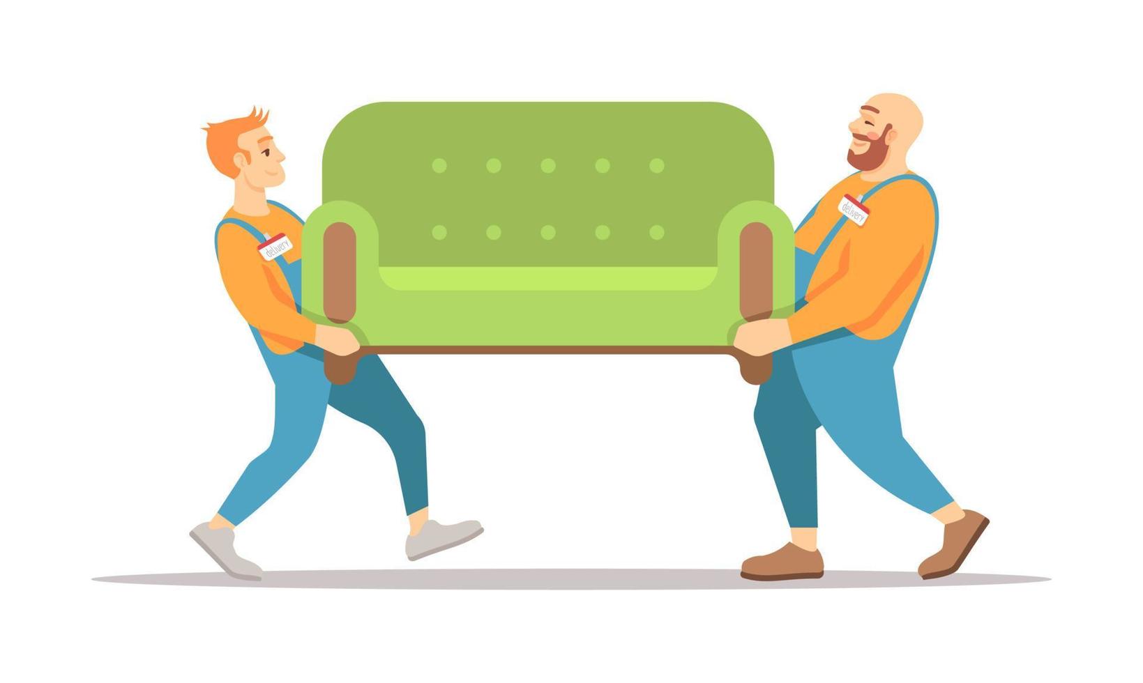 Furniture delivery service vector illustration. Two deliverymen carrying sofa isolated cartoon characters on white background. Male loaders wearing uniform. Moving house, relocation service workers