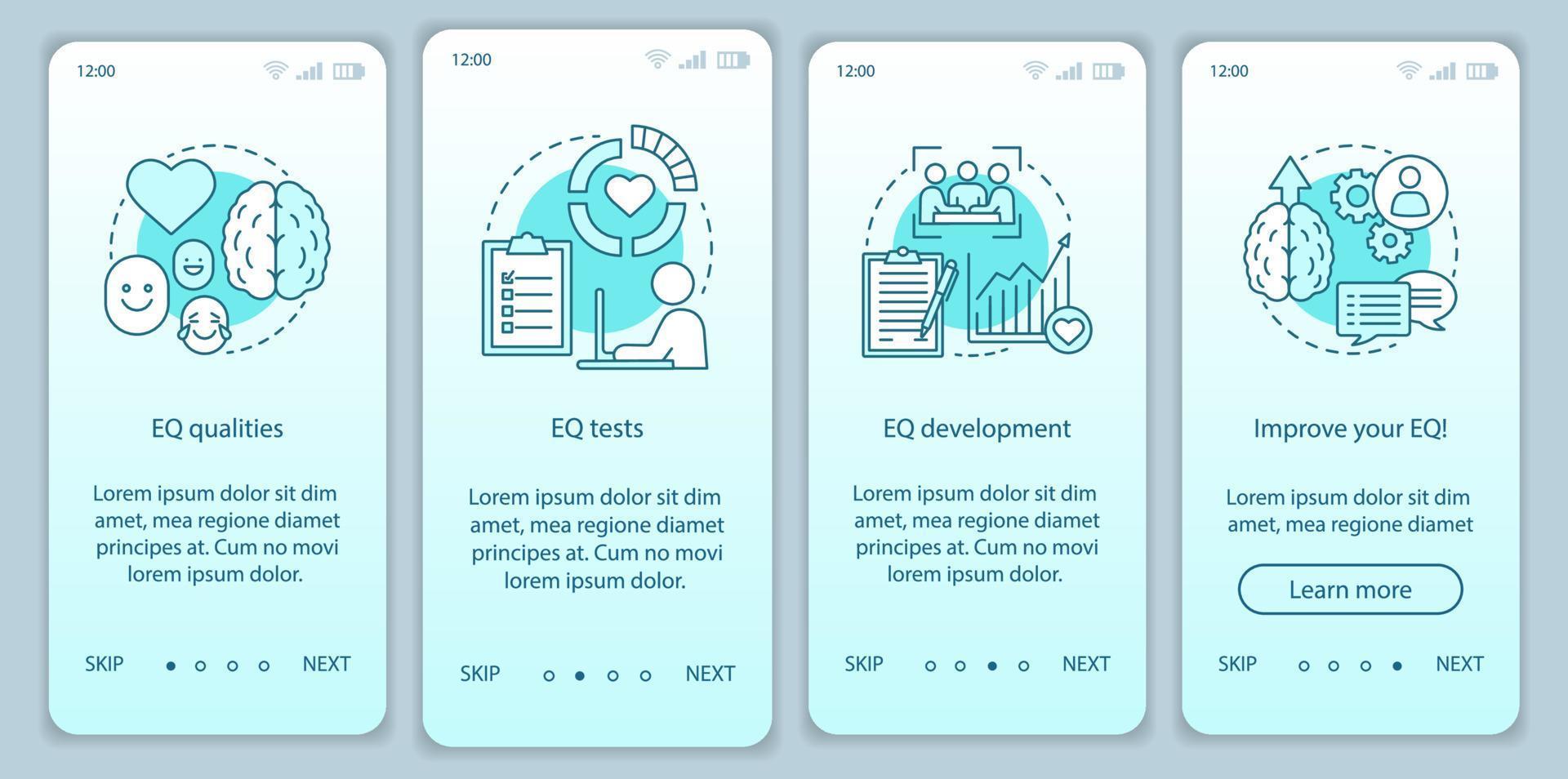 Emotional intelligence onboarding mobile app page screen vector template. EQ qualities, test, development. Walkthrough website steps with linear illustrations. UX, UI, GUI smartphone interface concept