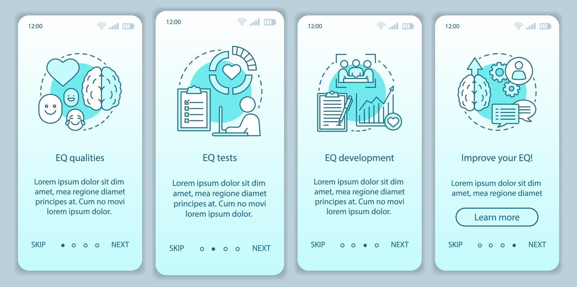 plantilla de vector de pantalla de página de aplicación móvil de incorporación de inteligencia emocional. calidades eq, prueba, desarrollo. paso a paso del sitio web con ilustraciones lineales. ux, ui, concepto de interfaz de teléfono inteligente gui