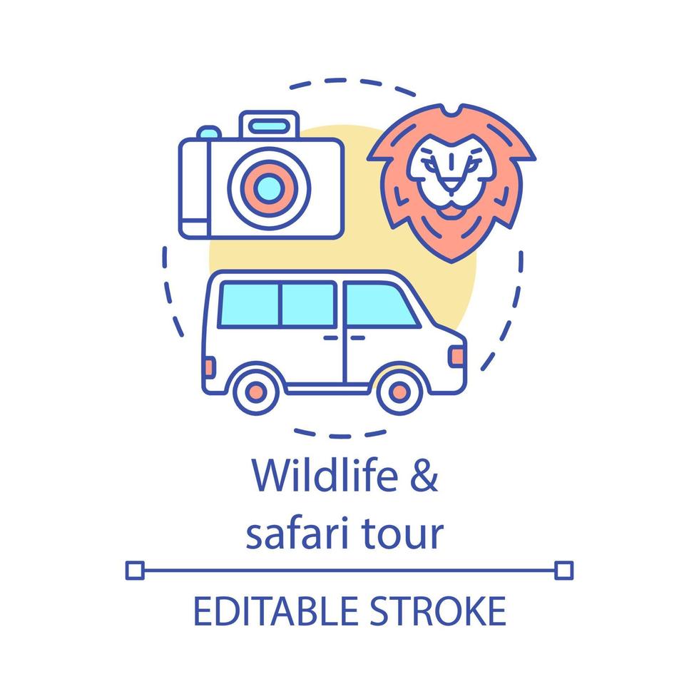 Wildlife and safari tour concept icon. Travel experience idea thin line illustration. Wild animals observation. National parks, private conservancies. Vector isolated outline drawing. Editable stroke