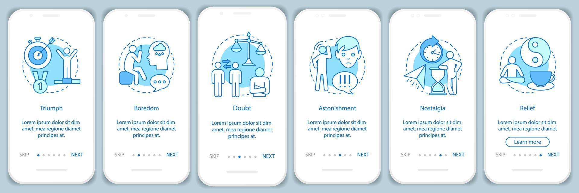 Human states onboarding mobile app page screen vector template. Triumph, boredom, doubt, nostalgia, relief. Walkthrough website step with linear illustrations. UX, UI, GUI smartphone interface concept