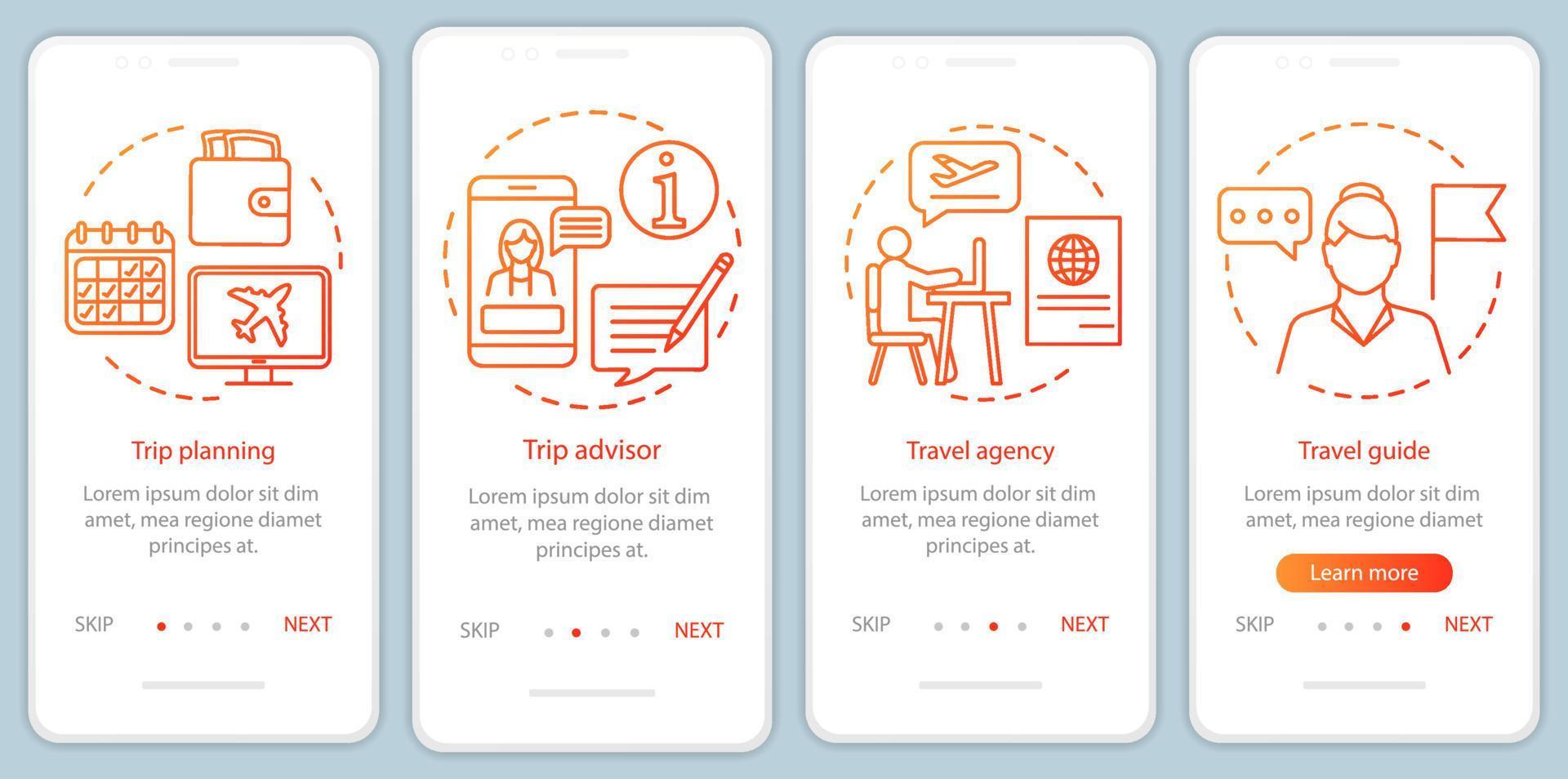 viajar incorporando la pantalla de la página de la aplicación móvil con conceptos lineales. planificación de viajes. instrucciones gráficas de cuatro pasos de recorrido. agencia de viajes y guía. ux, ui, plantilla vectorial gui con ilustraciones vector