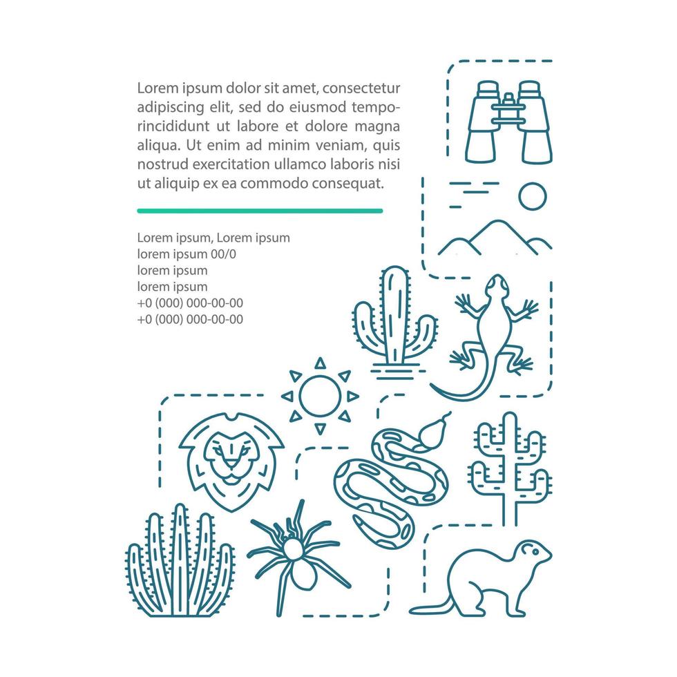 plantilla de vector de página de artículo de vida silvestre y safari. folleto, revista, elemento de diseño de folleto con iconos lineales y cuadros de texto. experiencias de viaje. diseño de impresión. ilustraciones conceptuales con espacio de texto