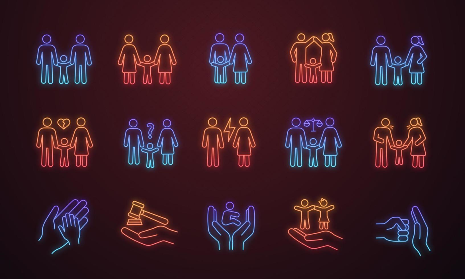 Child custody neon light icons set. LGBT families. Adoption and orphanage. Family court. Childrens rights. Glowing signs. Vector isolated illustrations