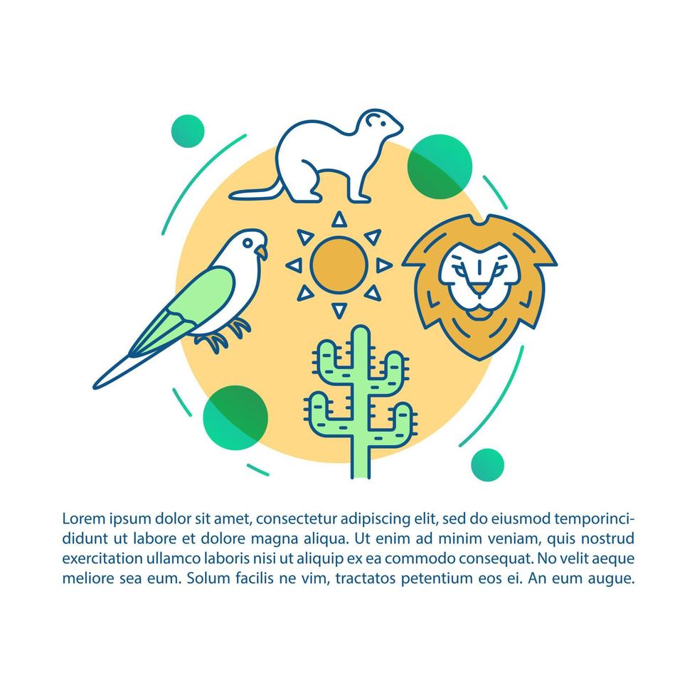 Wildlife and safari article page vector template. Brochure, magazine, booklet design element with linear icons and text boxes. Print design. Travel experiences. Concept illustrations with text space