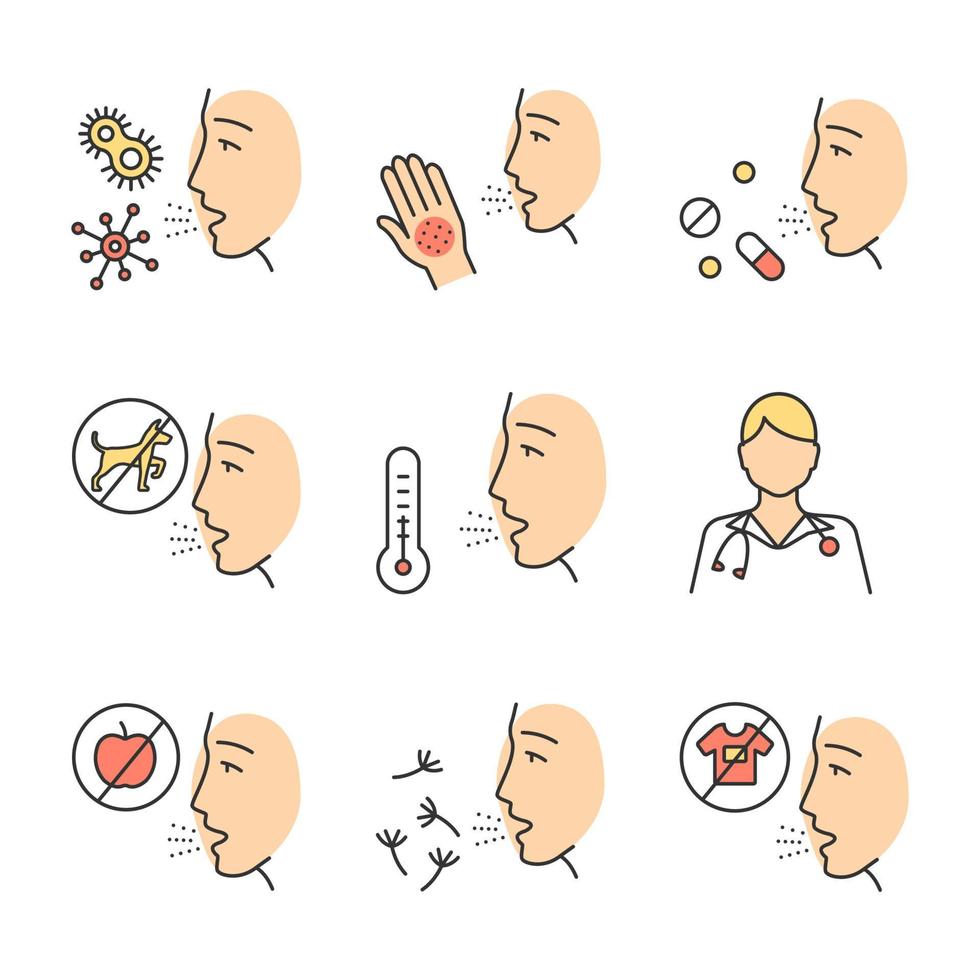 Allergies color icons set. Contact, food, respiratory diseases. Allergen sources. Diagnosis and medication. Hypersensitivity of immune system. Medical problem. Isolated vector illustrations