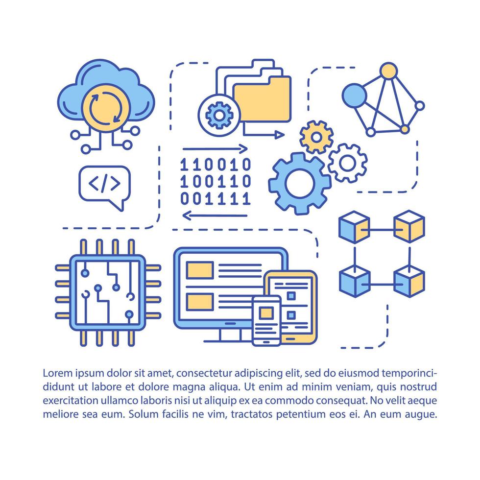 plantilla de vector de página de artículo de entorno de programación. folleto de desarrollo de aplicaciones, revista, elemento de diseño de folletos con iconos lineales y cuadros de texto. diseño de impresión. ilustraciones conceptuales con espacio de texto