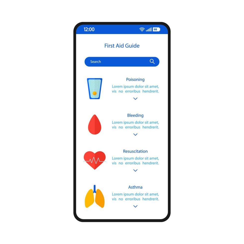 First aid guide smartphone interface vector template. Mobile app page white design layout. Emergency treatment instructions screen. Flat UI for application. Medical assistance, help. Phone display