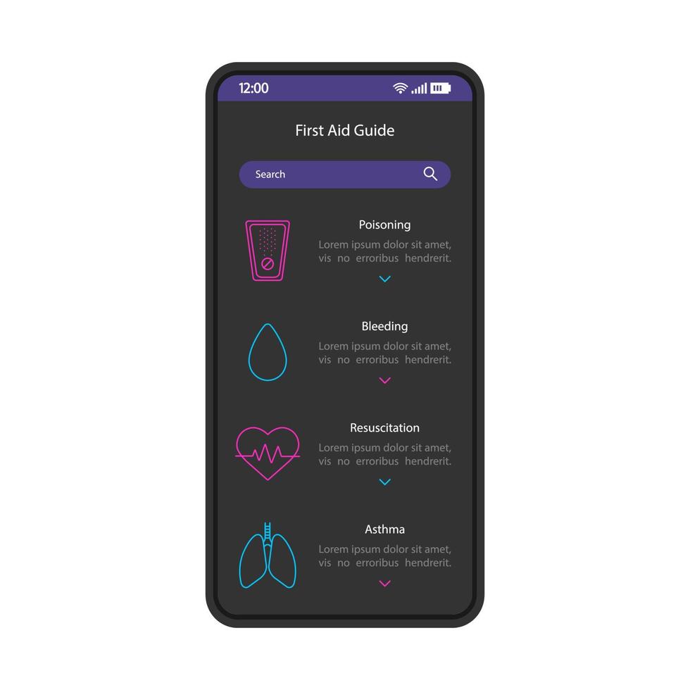 First aid guide smartphone interface vector template. Mobile app page black design layout. Emergency treatment instructions screen. Flat UI for application. Medical assistance, help. Phone display