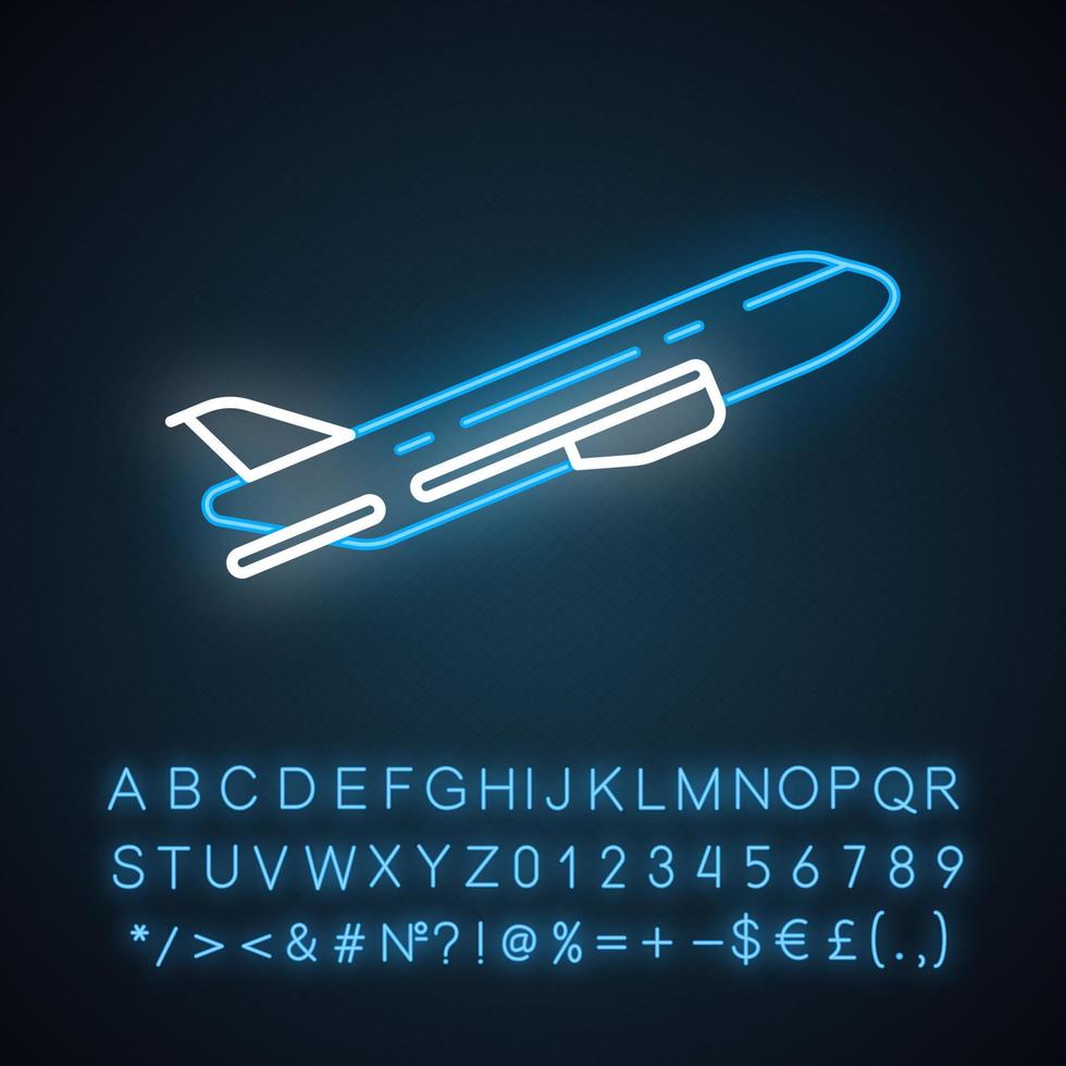 Plane flying up neon light icon. Airplane takeoff. Jet gaining up height. Air terminal. Aviation service. Glowing sign with alphabet, numbers and symbols. Vector isolated illustration