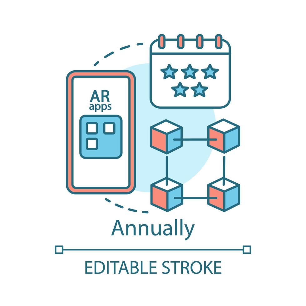 Annually concept icon. AR tool subscription tariff idea thin line illustration. Augmented reality equipment. Service charge. Regular fee. AR app. Vector isolated outline drawing. Editable stroke