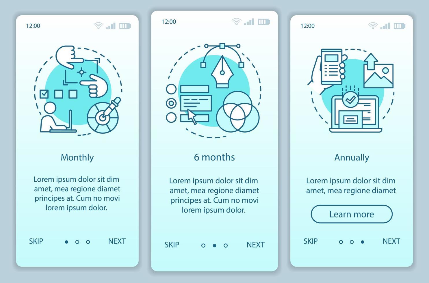 plantilla de vector de pantalla de página de aplicación móvil de incorporación de suscripción de editor de fotos. tarifas mensuales o anuales. paso a paso del sitio web con ilustraciones lineales. ux, ui, concepto de interfaz de teléfono inteligente gui