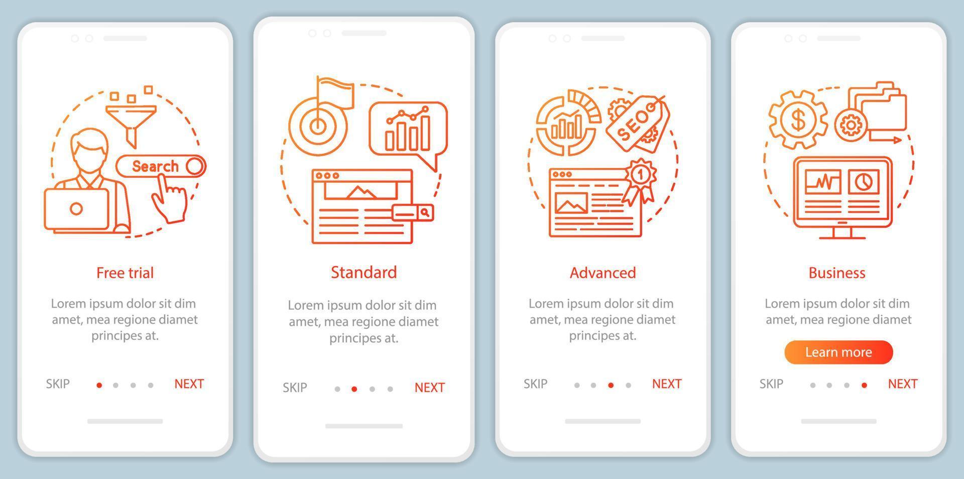 SEO keyword tool subscription onboarding mobile app page screen with linear concepts. Advanced tariff. Four walkthrough steps graphic instructions. UX, UI, GUI vector template with illustrations