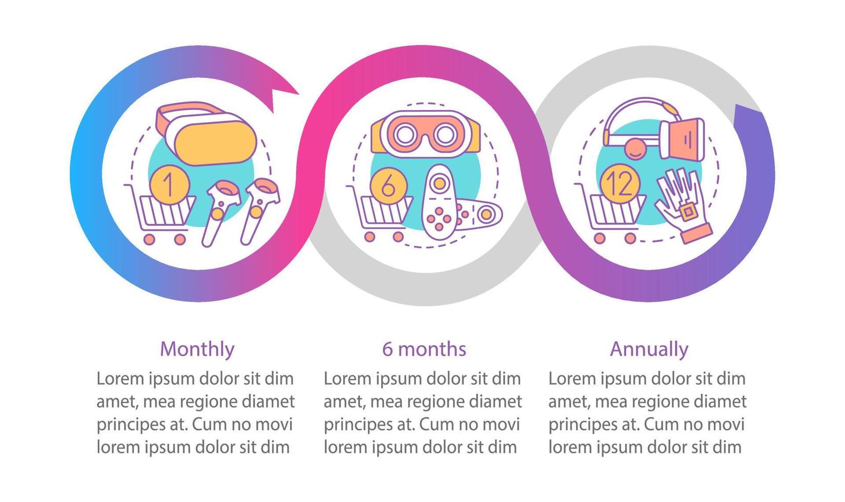 plantilla de infografía vectorial de suscripción de juego vr. elementos de diseño de presentación de negocios. visualización de datos, tres pasos, opción. tarifa mensual. gráfico de línea de tiempo del proceso. diseño de flujo de trabajo, iconos vector