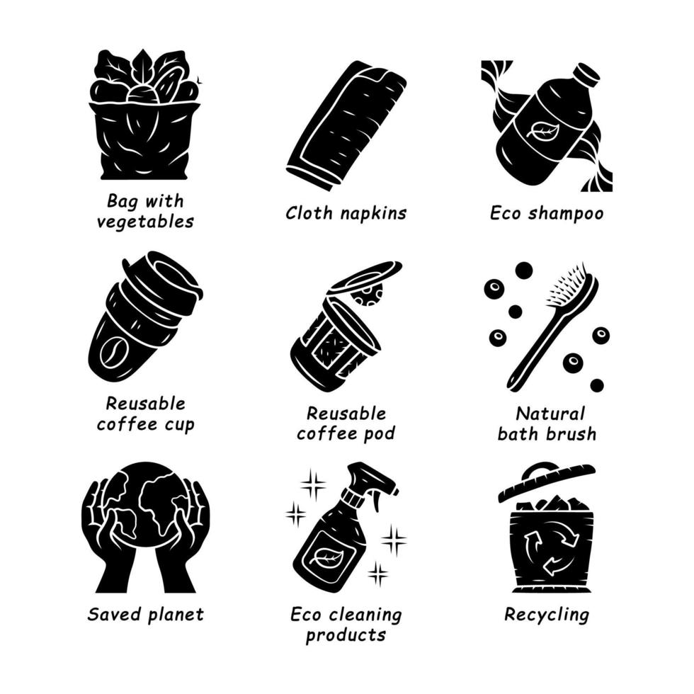 Zero waste swaps handmade glyph icons set. Eco friendly, sustainable products, materials. Reusable coffee cup, eco shampoo brush. Silhouette symbol. Negative space. Vector isolated illustration