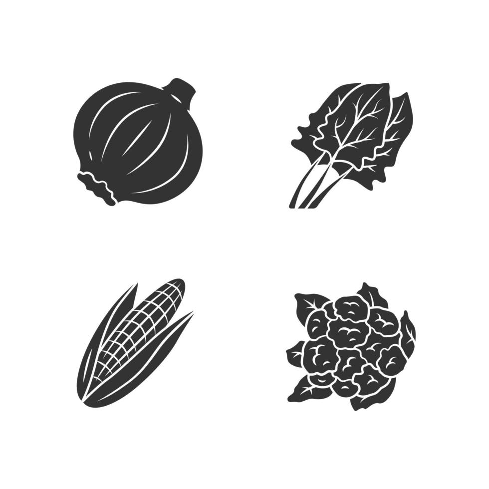 Vegetables glyph icon. Cauliflower, onion, corn, spinach. Vitamin and diet. Healthy nutrition. Salad ingredient. Silhouette symbol. Negative space. Vector isolated illustration