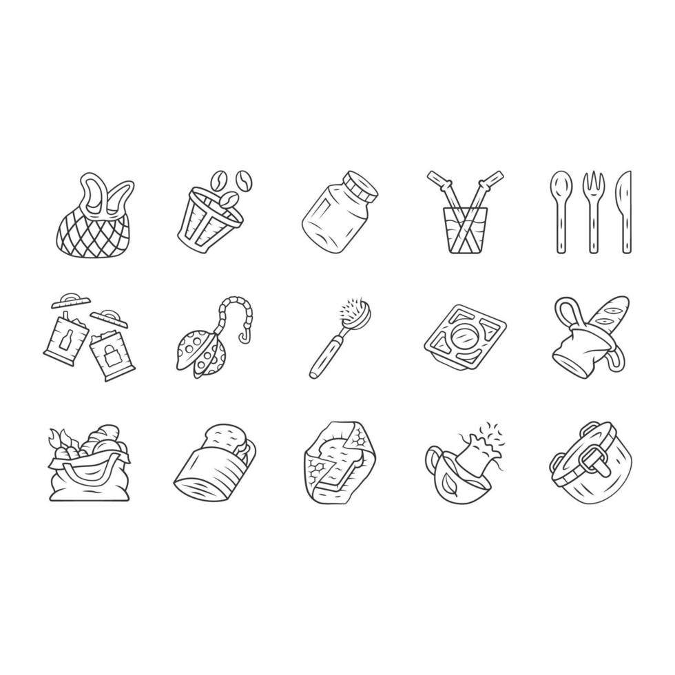 Zero waste kitchen linear icons set. Reusable cutlery, storage containers. Recyclable bags, household utensils. Thin line contour symbols. Isolated vector outline illustrations. Editable stroke