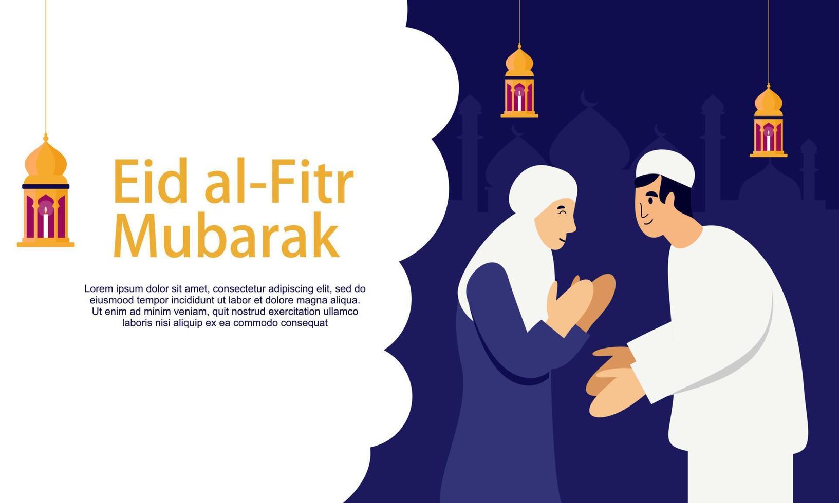 Happy eid mubarak, ramadan mubarak greeting concept with people character illustration vector