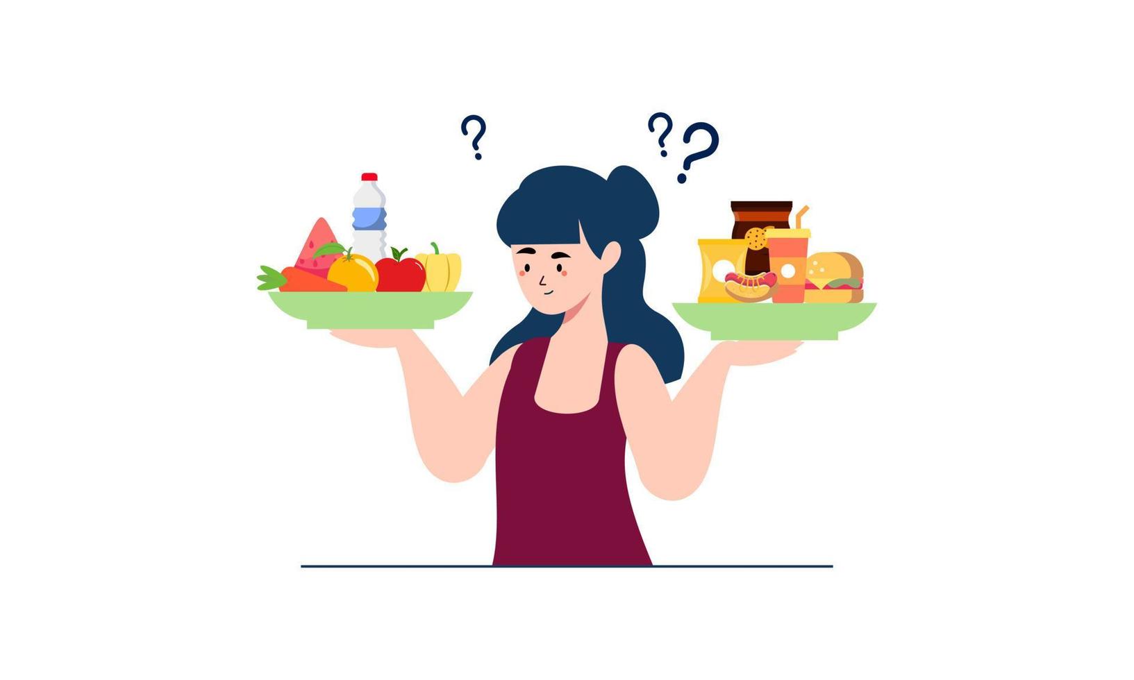 Woman choosing between healthy and unhealthy food concept illustration vector