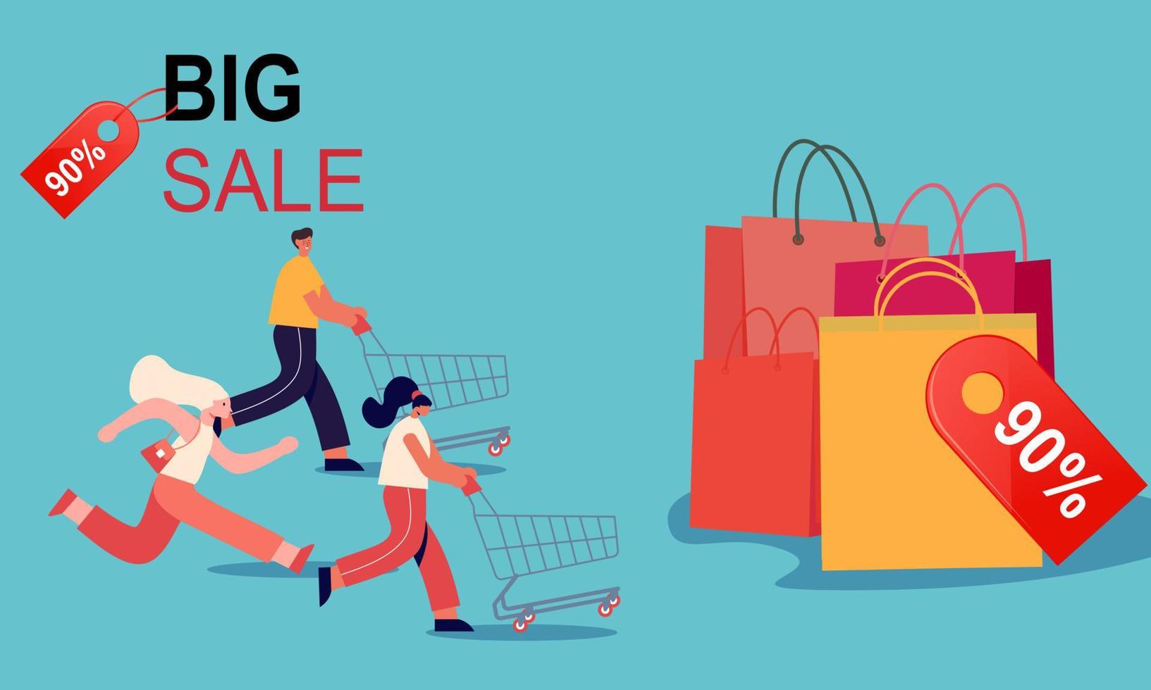 People run with shopping cart bag present box black friday big sale banner vector illustration