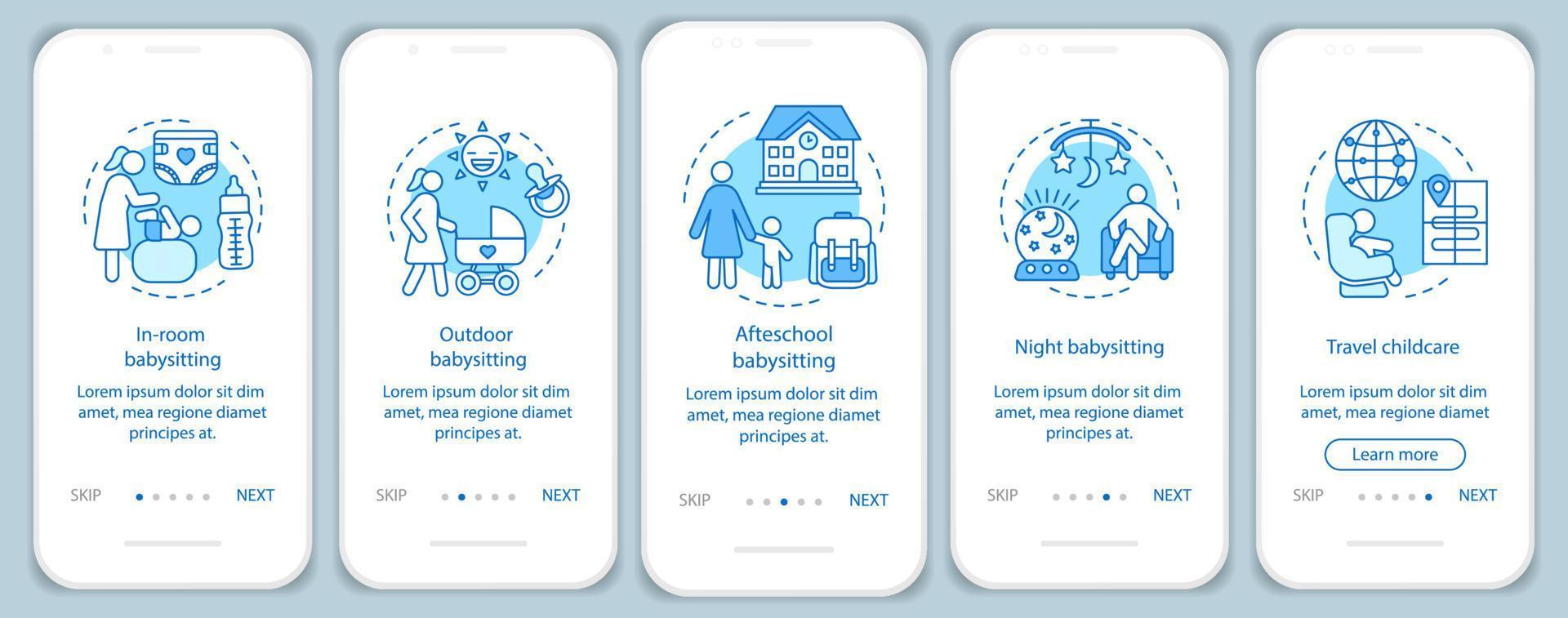 Babysitter types onboarding mobile app page screen vector template. In-room, afterschool, night childcare. Hotel babysitting. Walkthrough website steps. UX, UI, GUI smartphone interface concept