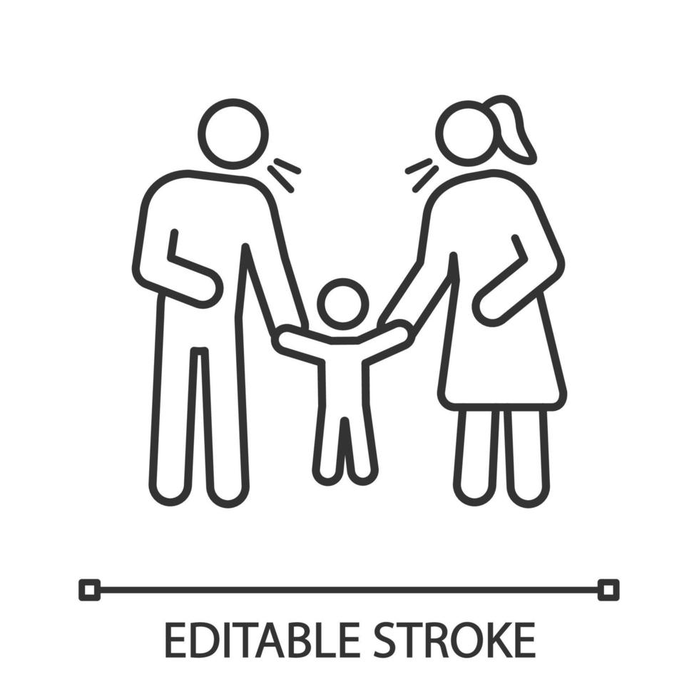 Parents scolding child linear icon. Thin line illustration. Mother and father discipline kid. Parents arguing and punishing son. Contour symbol. Vector isolated outline drawing. Editable stroke