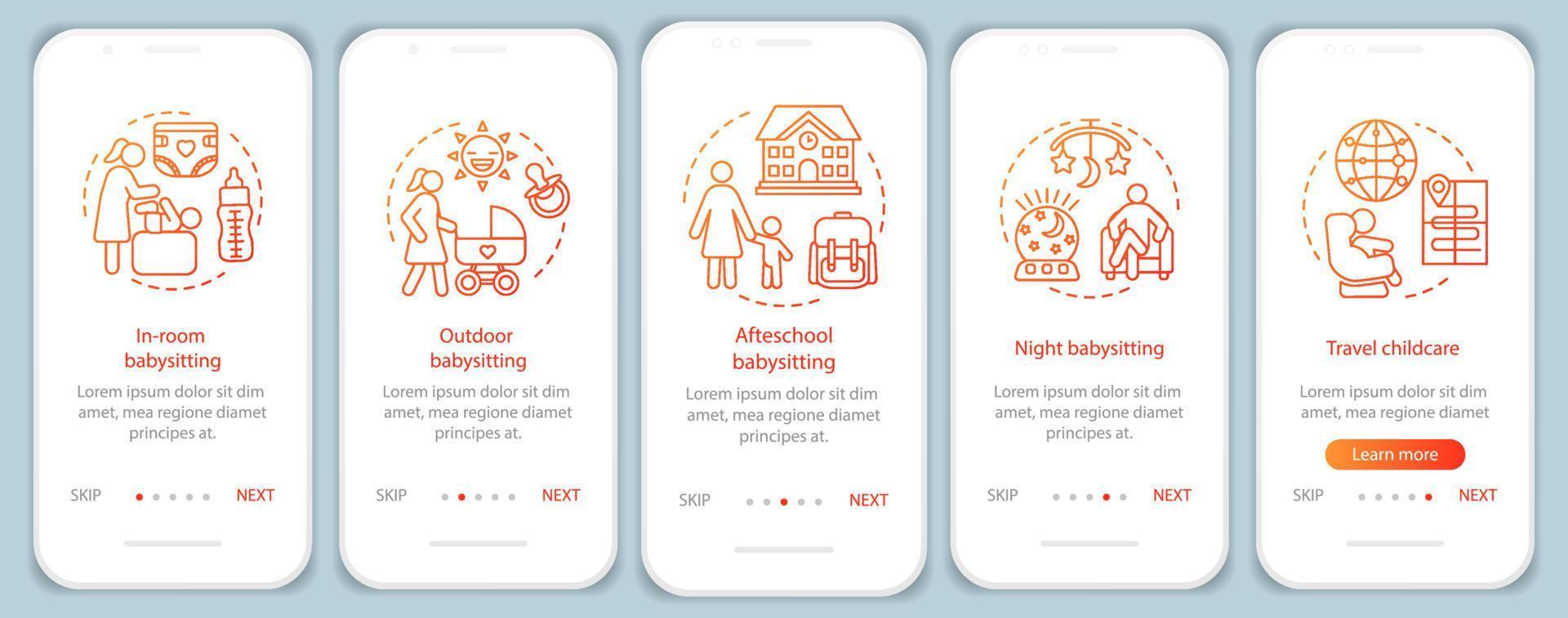 Babysitting service onboarding mobile app page screen vector template. Nanny agency. Hotel childcare. Choosing babysitter. Au pair. Walkthrough website steps. UX, UI, GUI smartphone interface concept